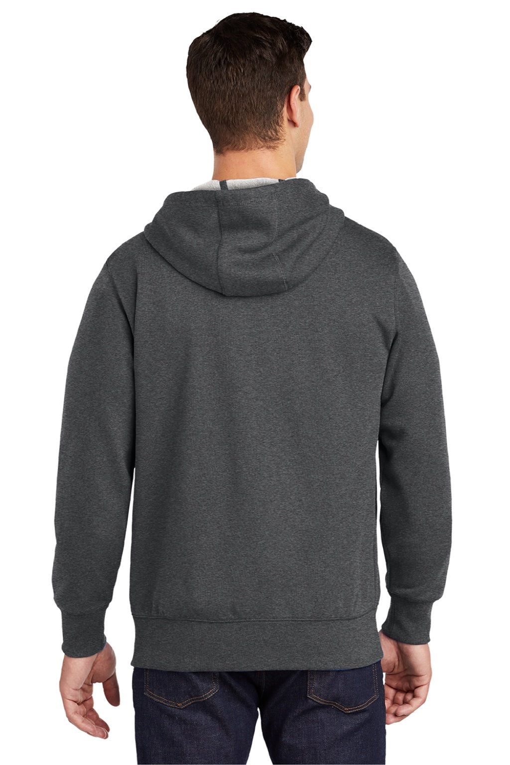 Sport-Tek ST258 Mens Fleece Full Zip Hooded Sweatshirt Hoodie w/ Pouch Pocket Heather Graphite Grey Model Back