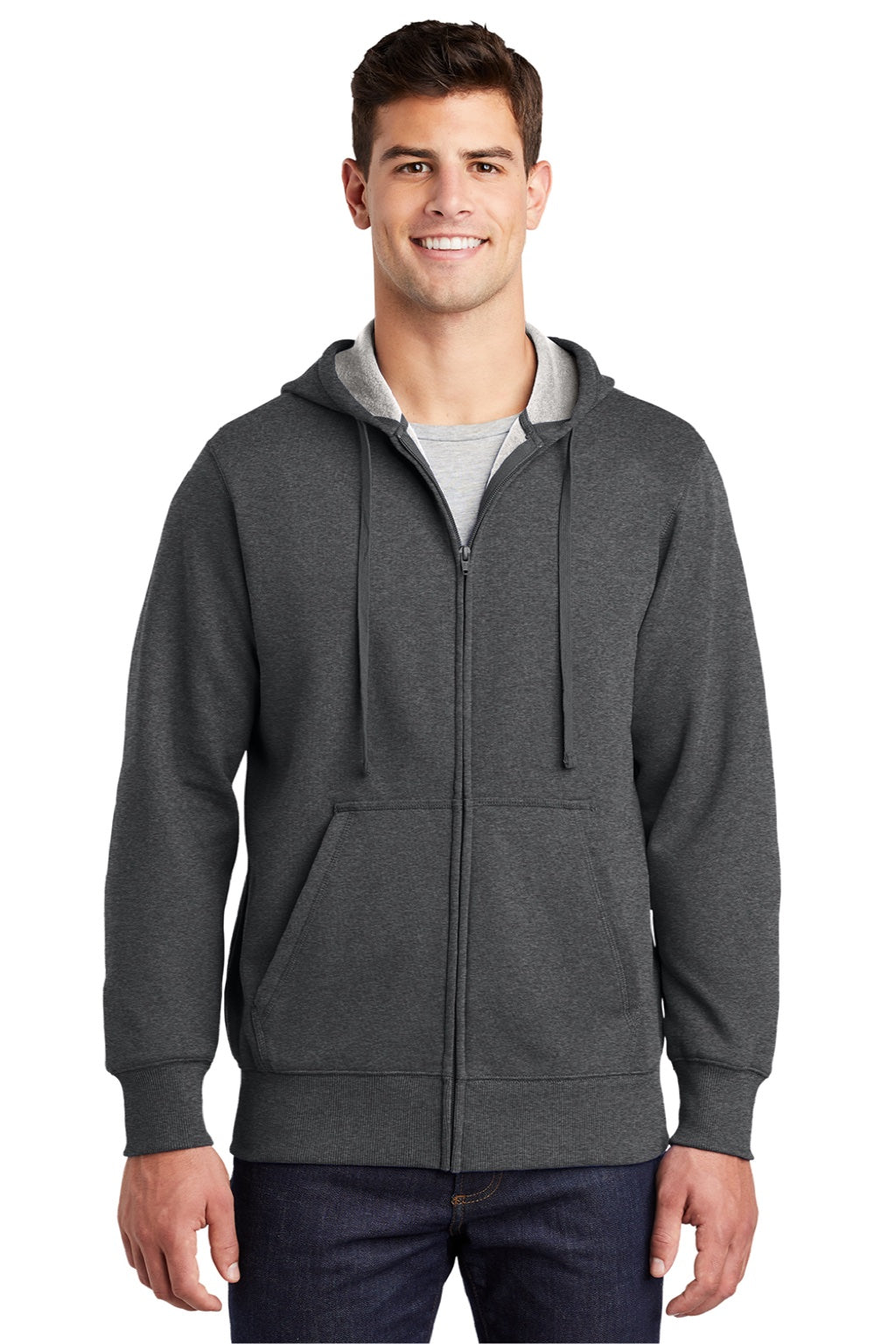 Sport-Tek ST258 Mens Fleece Full Zip Hooded Sweatshirt Hoodie w/ Pouch Pocket Heather Graphite Grey Model Front