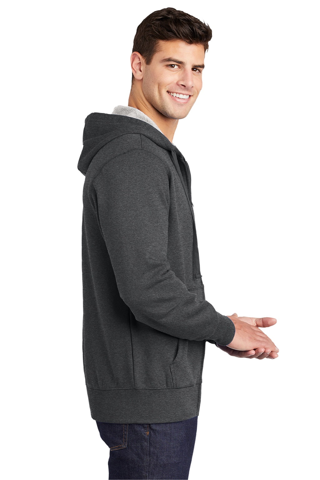 Sport-Tek ST258 Mens Fleece Full Zip Hooded Sweatshirt Hoodie w/ Pouch Pocket Heather Graphite Grey Model Side