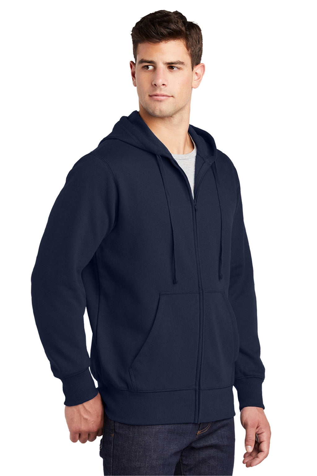 Sport-Tek ST258 Mens Fleece Full Zip Hooded Sweatshirt Hoodie w/ Pouch Pocket True Navy Blue Model 3q