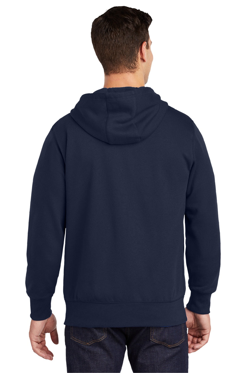 Sport-Tek ST258 Mens Fleece Full Zip Hooded Sweatshirt Hoodie w/ Pouch Pocket True Navy Blue Model Back