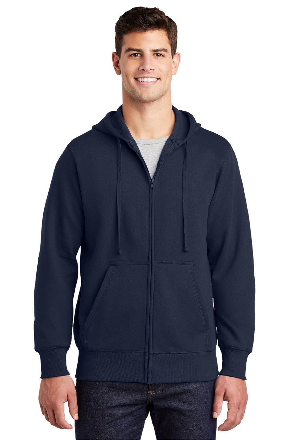 Sport-Tek ST258 Mens Fleece Full Zip Hooded Sweatshirt Hoodie w/ Pouch Pocket True Navy Blue Model Front