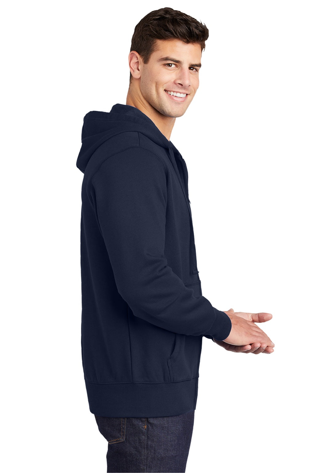 Sport-Tek ST258 Mens Fleece Full Zip Hooded Sweatshirt Hoodie w/ Pouch Pocket True Navy Blue Model Side