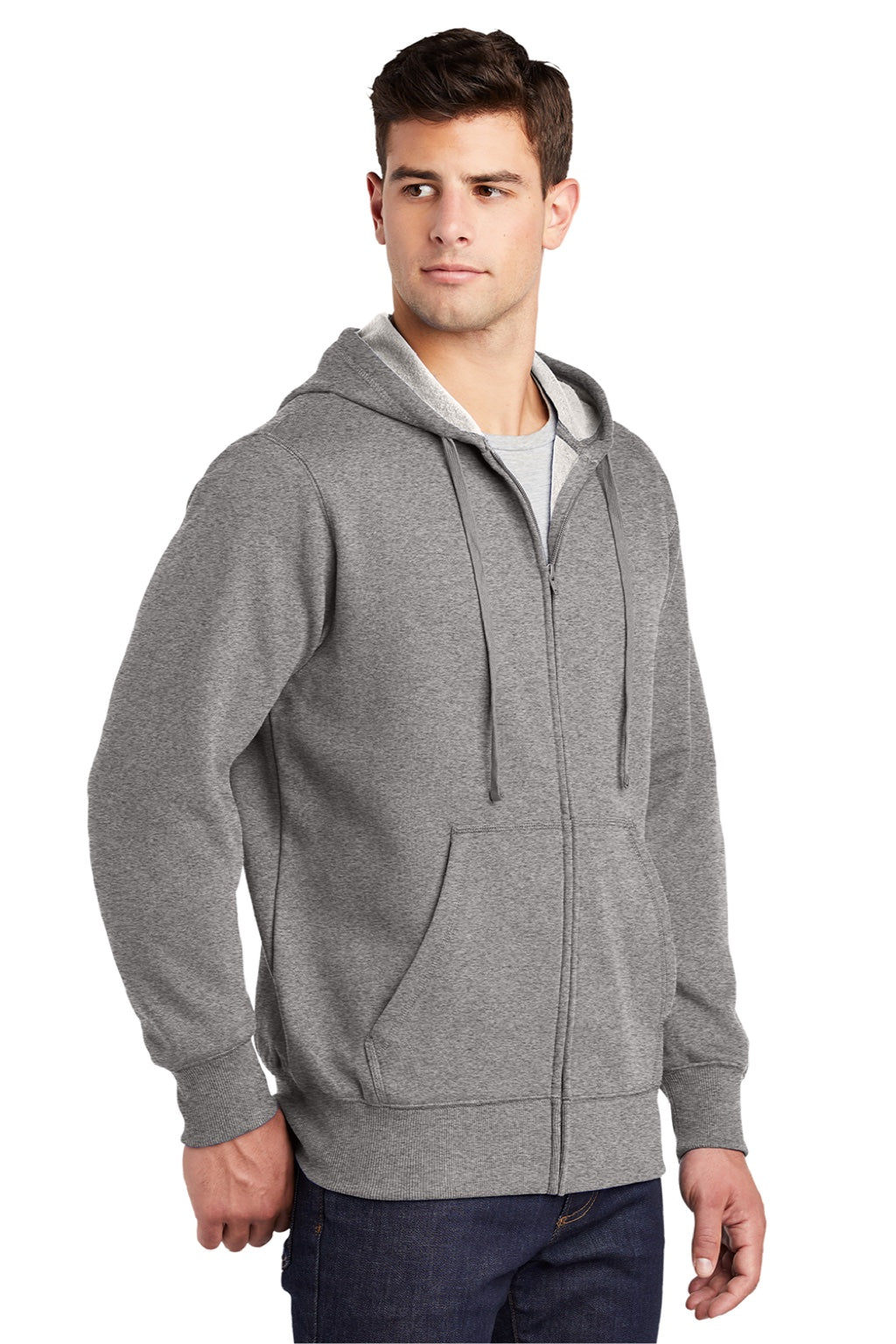 Sport-Tek ST258 Mens Fleece Full Zip Hooded Sweatshirt Hoodie w/ Pouch Pocket Heather Vintage Grey Model 3q