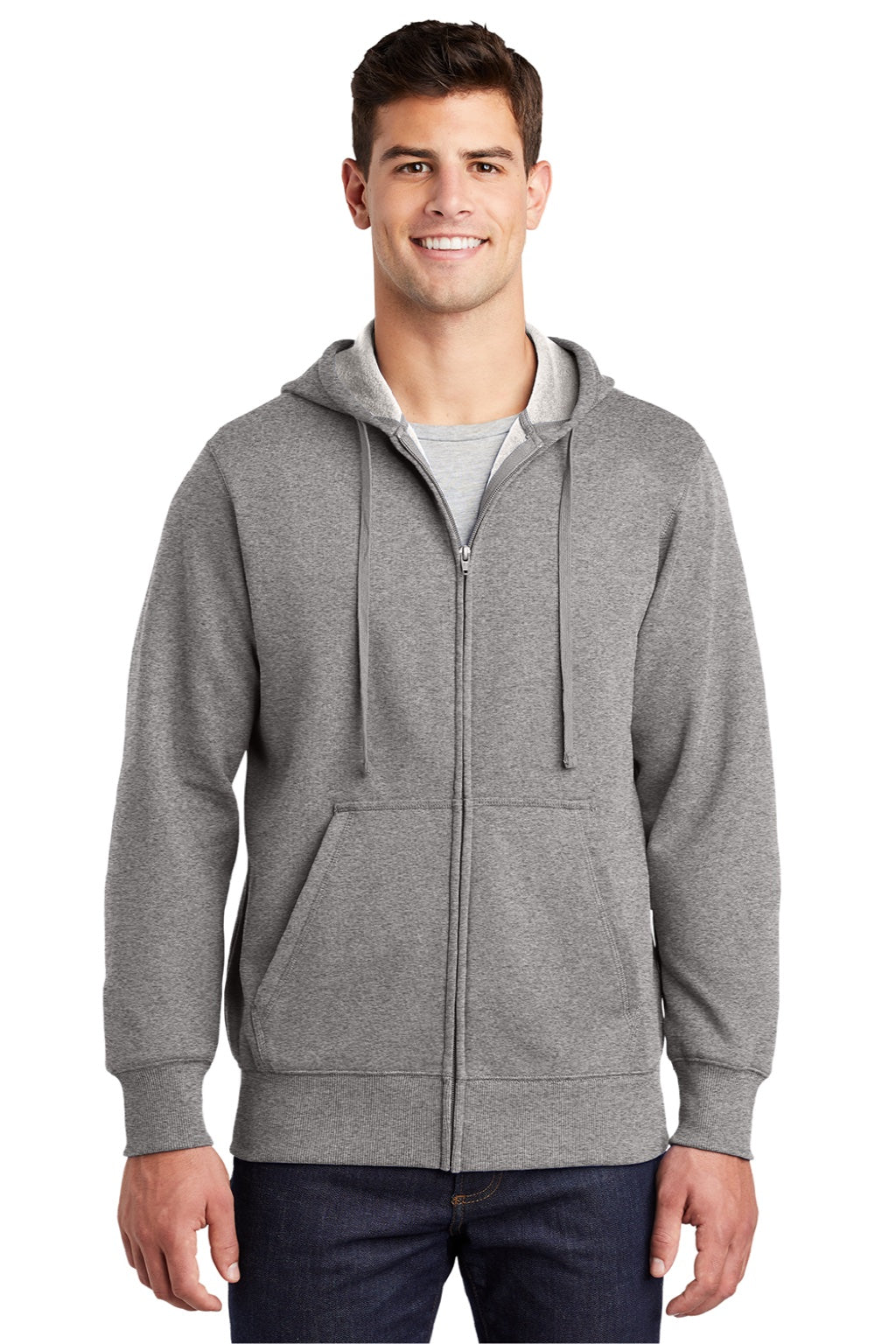 Sport-Tek ST258 Mens Fleece Full Zip Hooded Sweatshirt Hoodie w/ Pouch Pocket Heather Vintage Grey Model Front