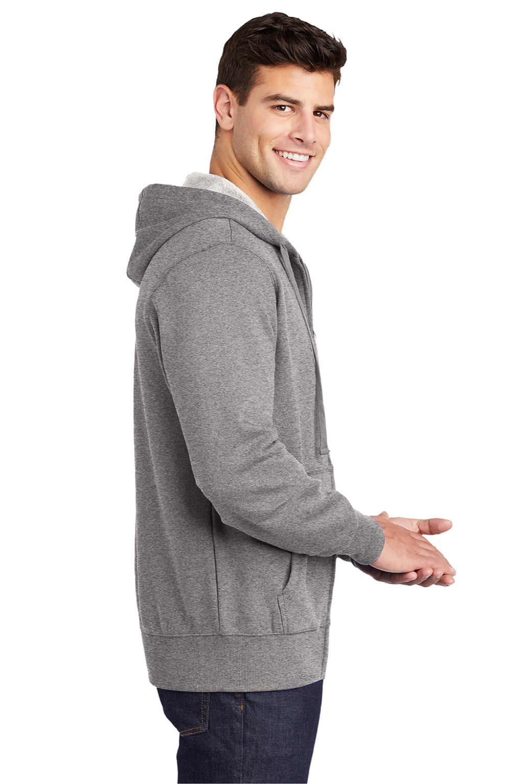 Sport-Tek ST258 Mens Fleece Full Zip Hooded Sweatshirt Hoodie w/ Pouch Pocket Heather Vintage Grey Model Side