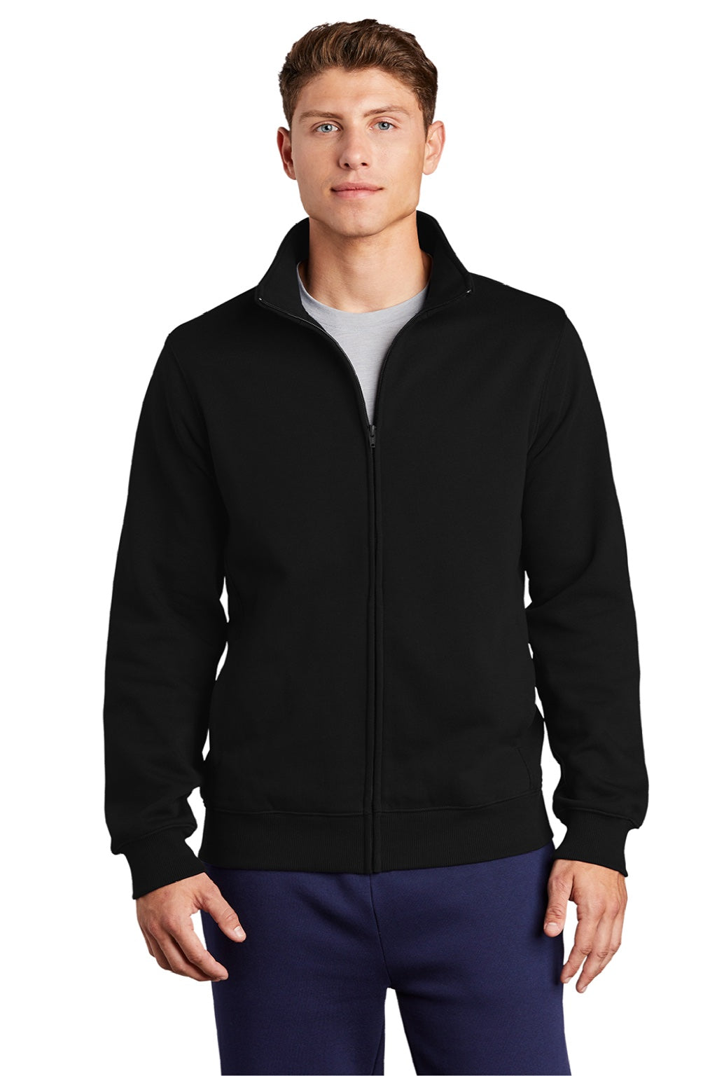 Sport-Tek ST259 Mens Shrink Resistant Fleece Full Zip Sweatshirt w/ Pockets Black Model Front
