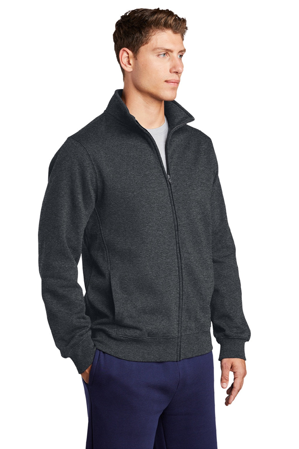 Sport-Tek ST259 Mens Shrink Resistant Fleece Full Zip Sweatshirt w/ Pockets Heather Graphite Grey Model 3q