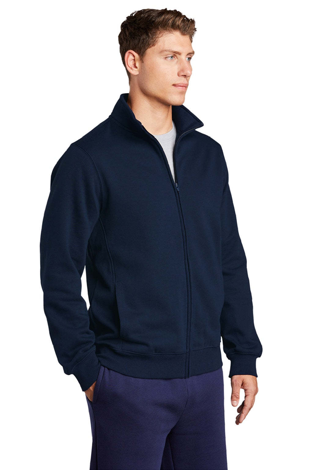 Sport-Tek ST259 Mens Shrink Resistant Fleece Full Zip Sweatshirt w/ Pockets True Navy Blue Model 3q