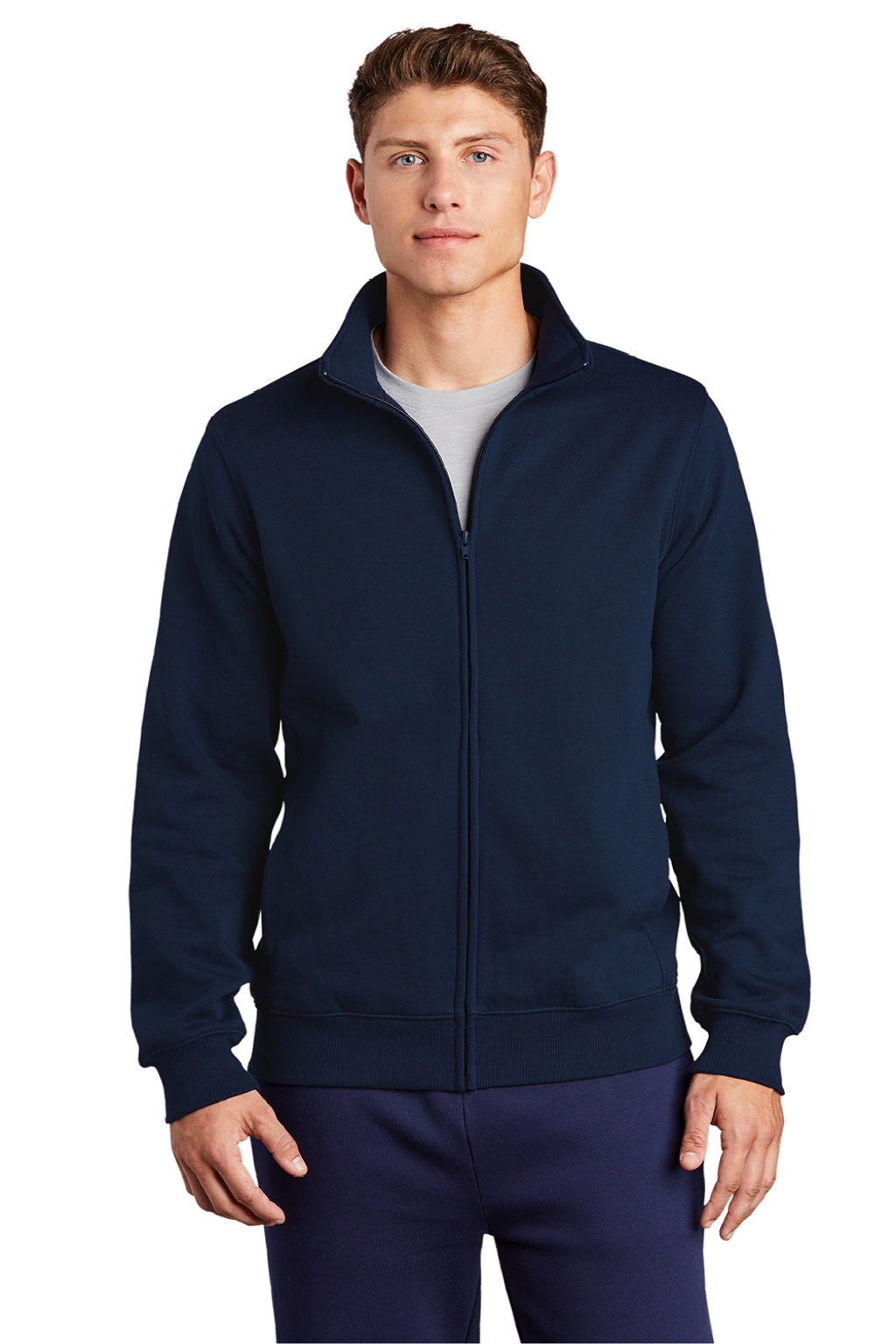 Sport-Tek ST259 Mens Shrink Resistant Fleece Full Zip Sweatshirt w/ Pockets True Navy Blue Model Front