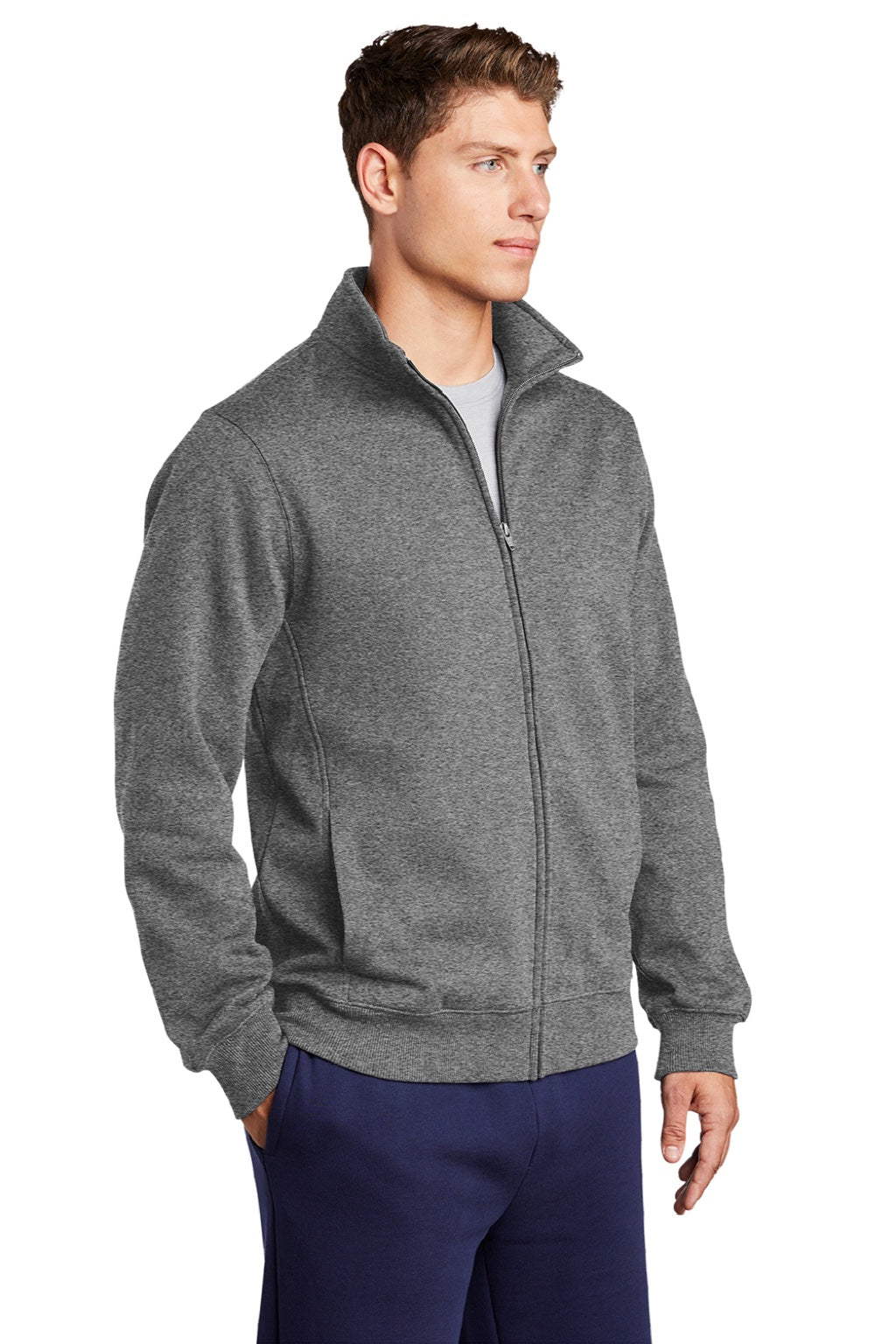 Sport-Tek ST259 Mens Shrink Resistant Fleece Full Zip Sweatshirt w/ Pockets Heather Vintage Grey Model 3q