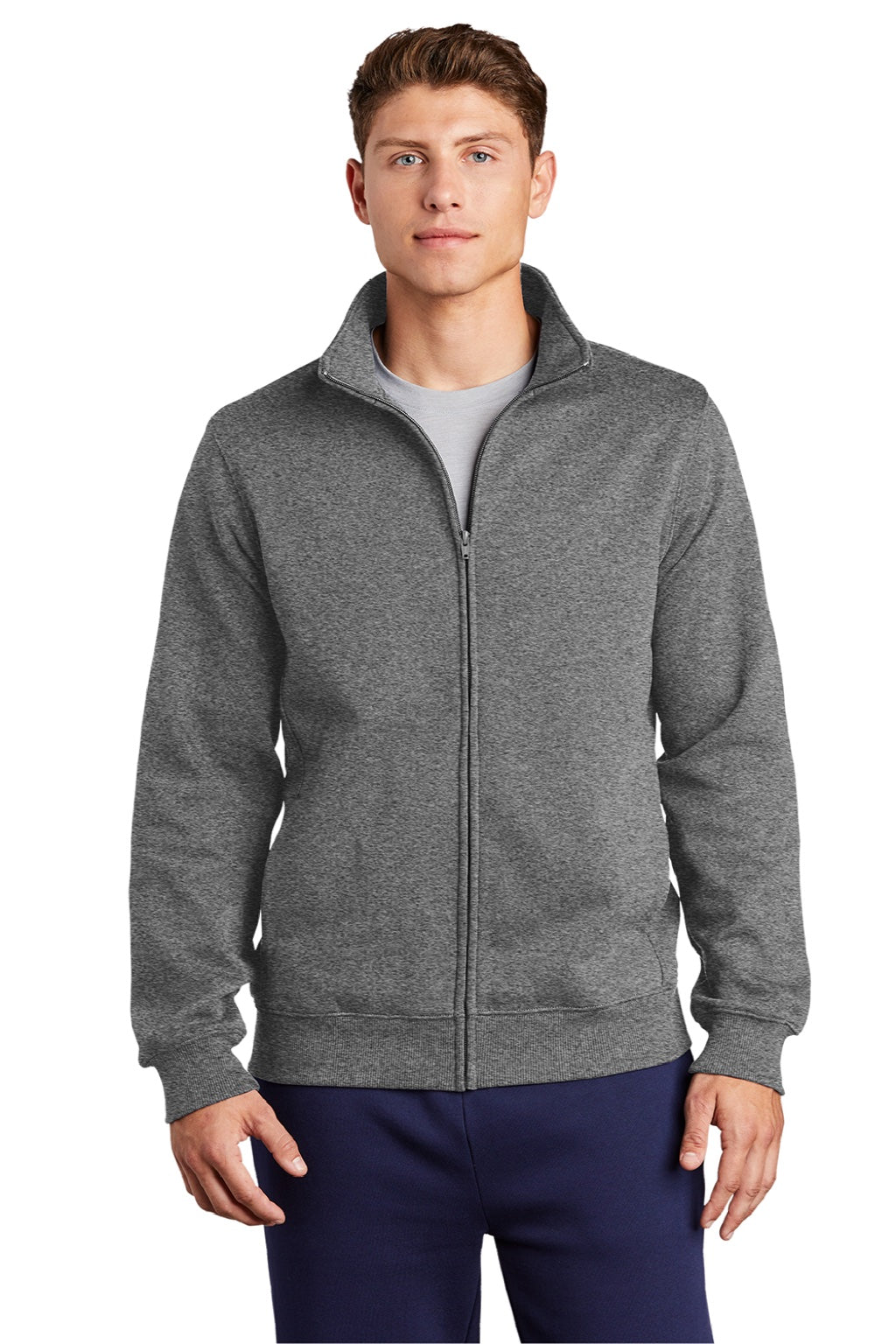 Sport-Tek ST259 Mens Shrink Resistant Fleece Full Zip Sweatshirt w/ Pockets Heather Vintage Grey Model Front