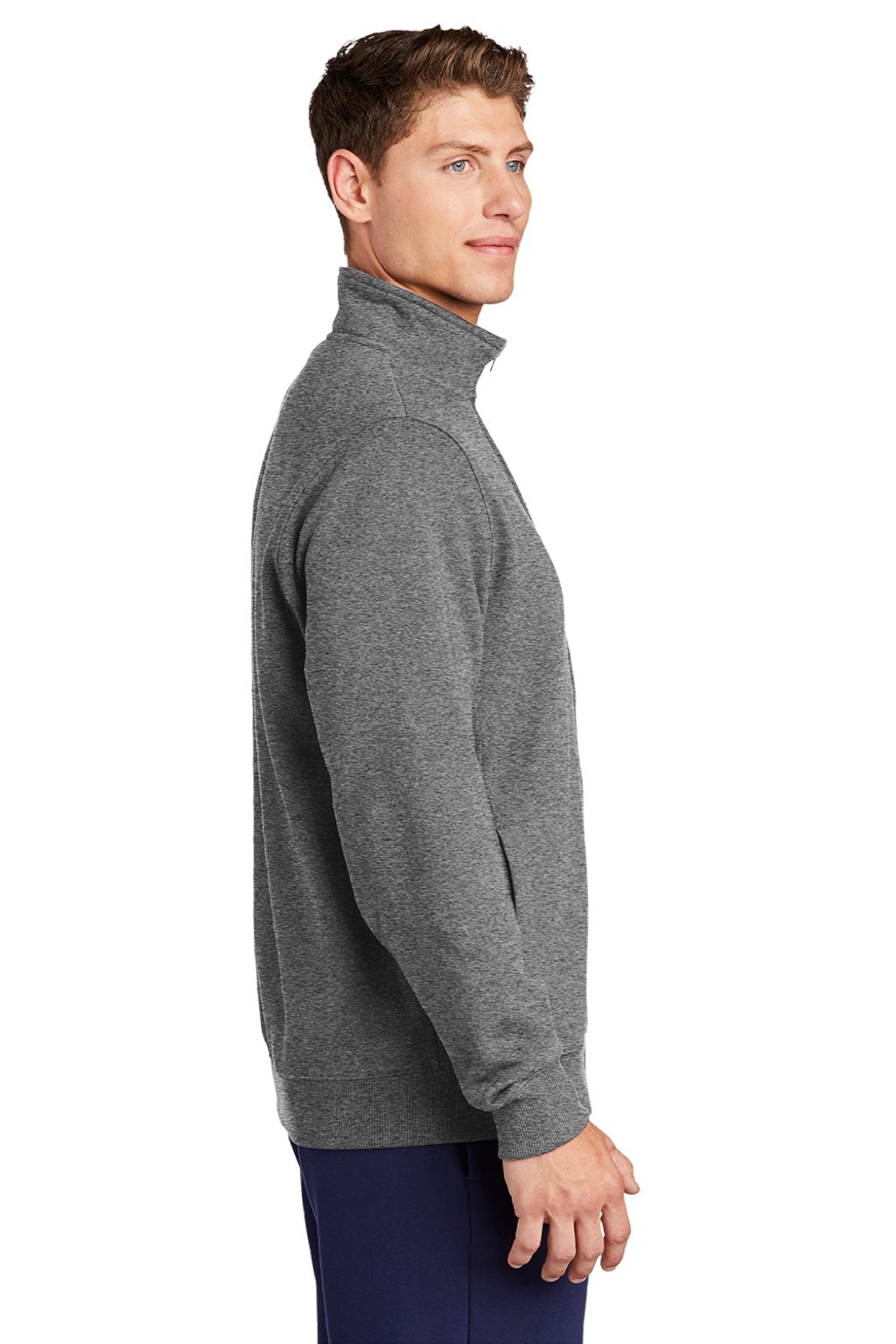 Sport-Tek ST259 Mens Shrink Resistant Fleece Full Zip Sweatshirt w/ Pockets Heather Vintage Grey Model Side