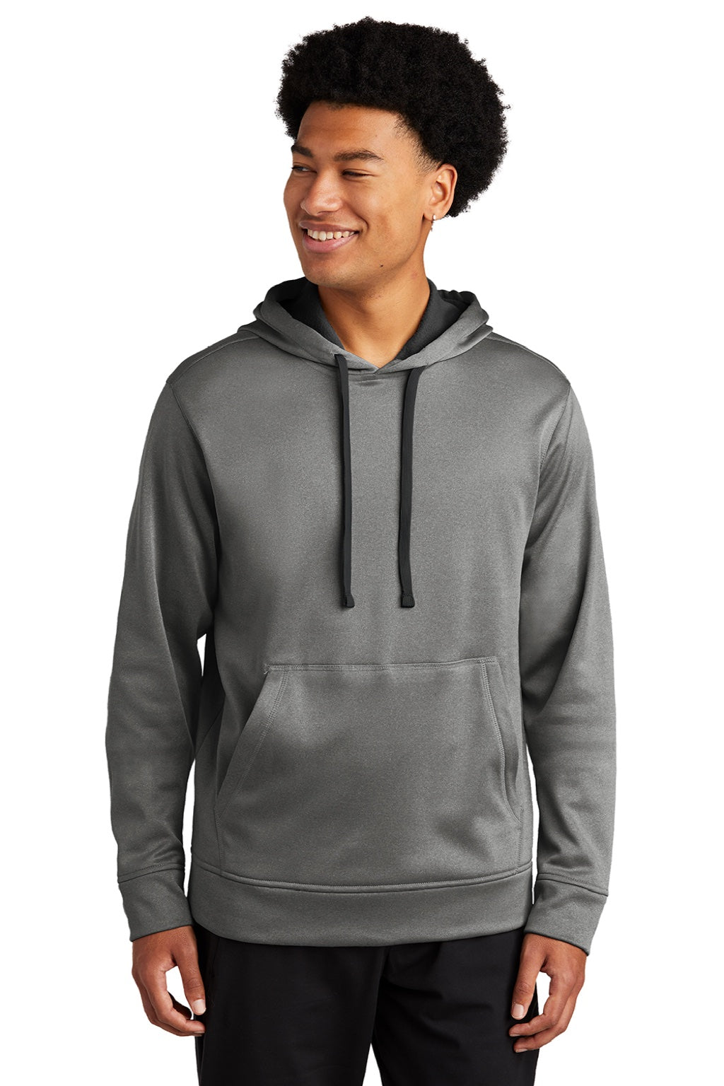 Sport-Tek ST264 Mens Heather Sport-Wick Moisture Wicking Fleece Hooded Sweatshirt Hoodie w/ Pouch Pocket Heather Black Model Front