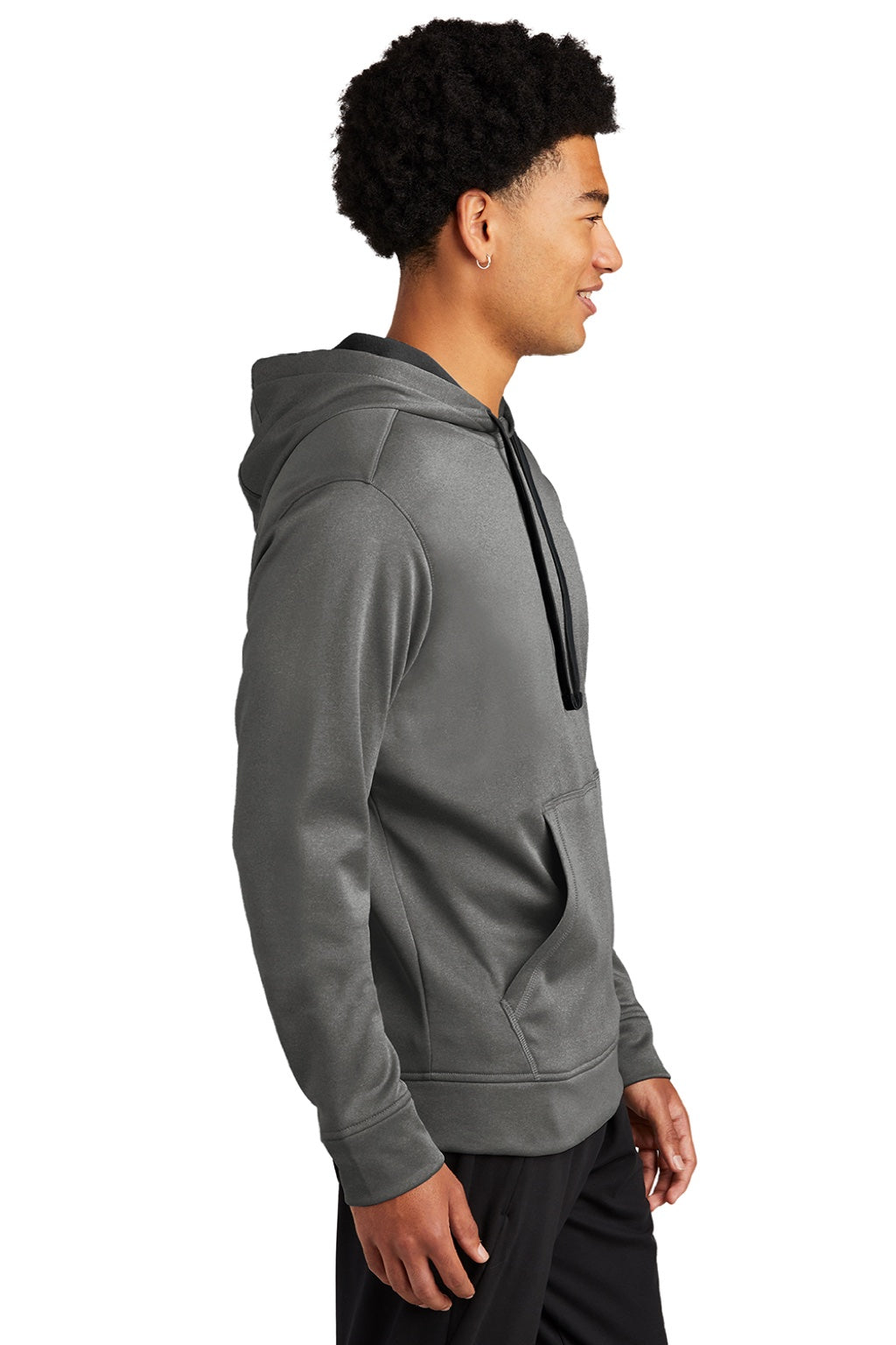 Sport-Tek ST264 Mens Heather Sport-Wick Moisture Wicking Fleece Hooded Sweatshirt Hoodie w/ Pouch Pocket Heather Black Model Side