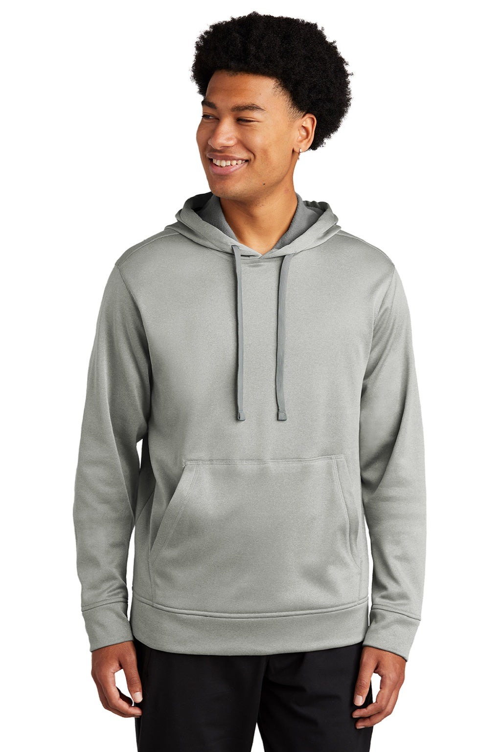 Sport-Tek ST264 Mens Heather Sport-Wick Moisture Wicking Fleece Hooded Sweatshirt Hoodie w/ Pouch Pocket Heather Dark Silver Grey Model Front