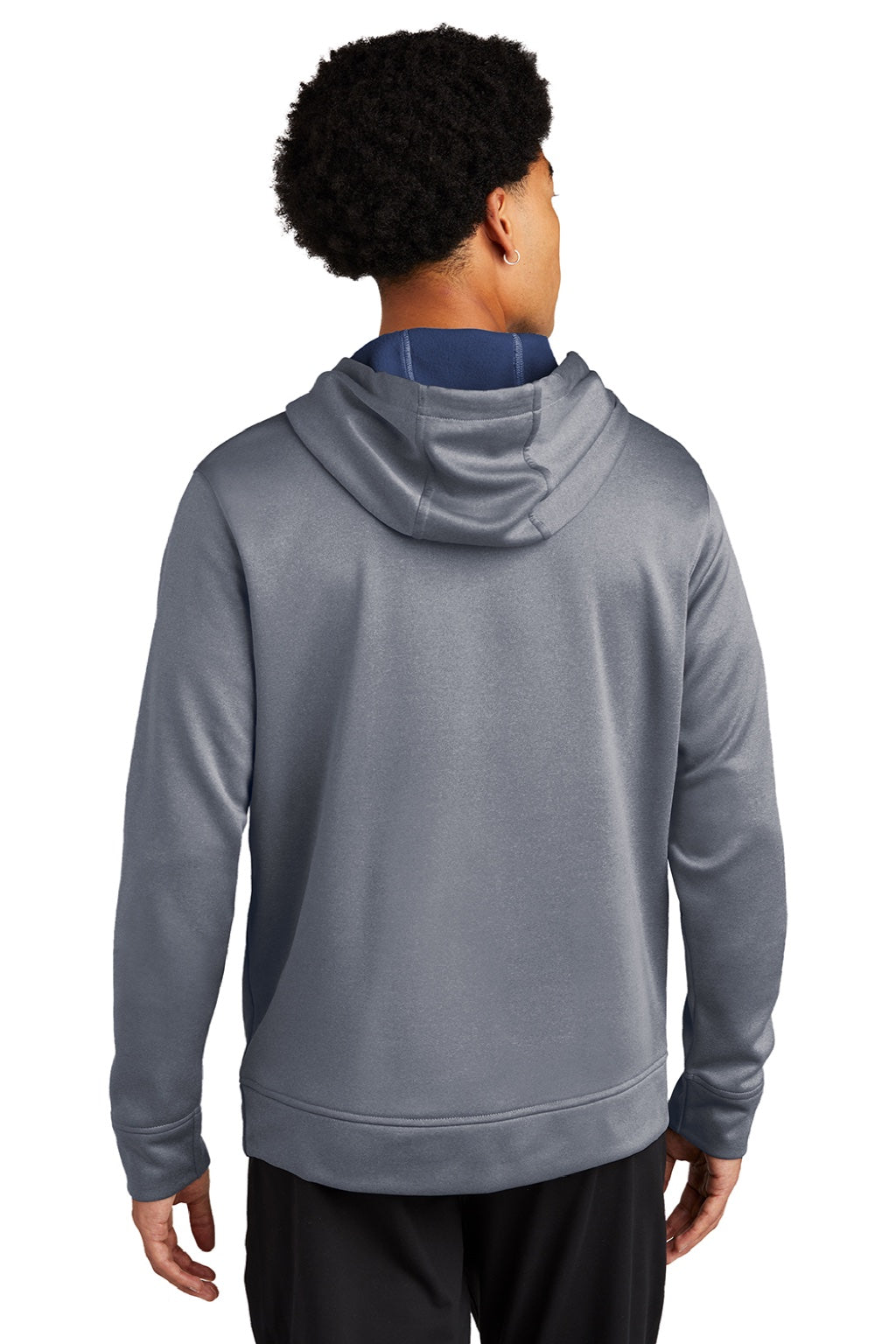 Sport-Tek ST264 Mens Heather Sport-Wick Moisture Wicking Fleece Hooded Sweatshirt Hoodie w/ Pouch Pocket Heather True Navy Blue Model Back