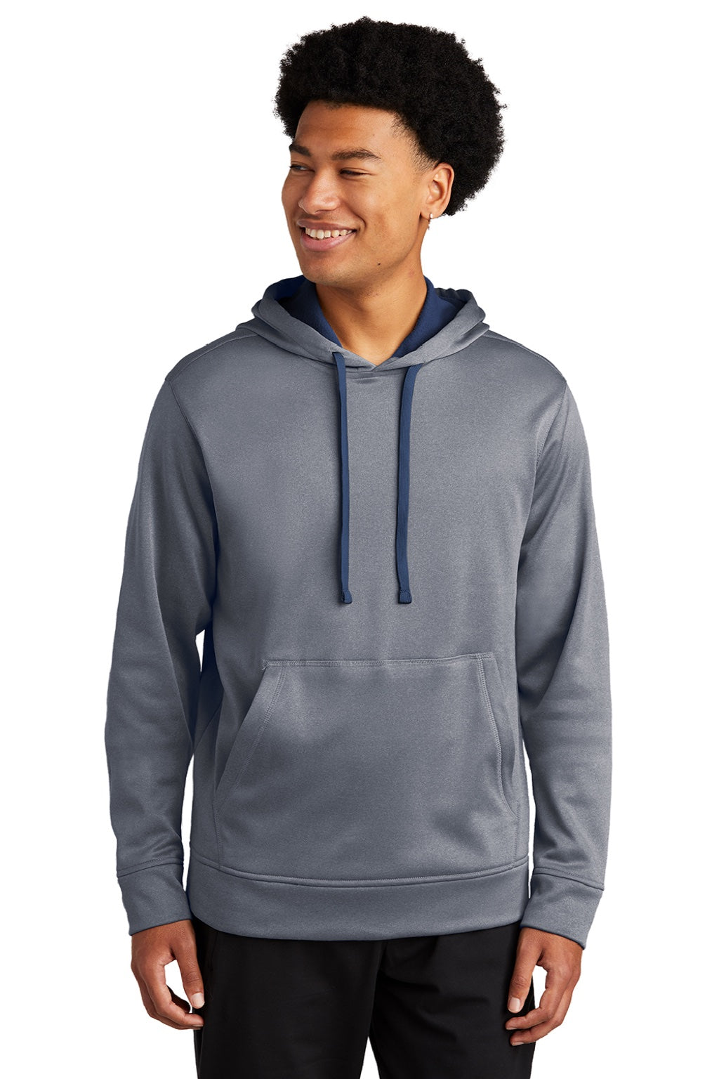 Sport-Tek ST264 Mens Heather Sport-Wick Moisture Wicking Fleece Hooded Sweatshirt Hoodie w/ Pouch Pocket Heather True Navy Blue Model Front