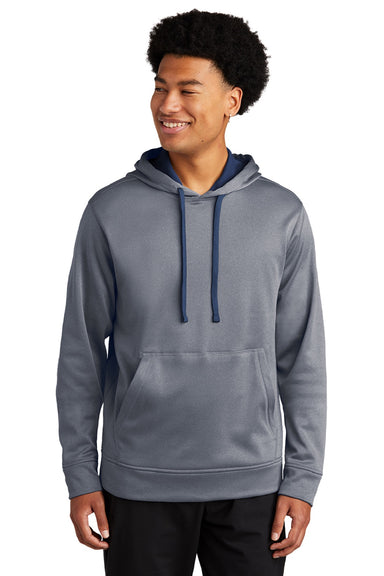 Sport-Tek ST264 Mens Heather Sport-Wick Moisture Wicking Fleece Hooded Sweatshirt Hoodie w/ Pouch Pocket Heather True Navy Blue Model Front