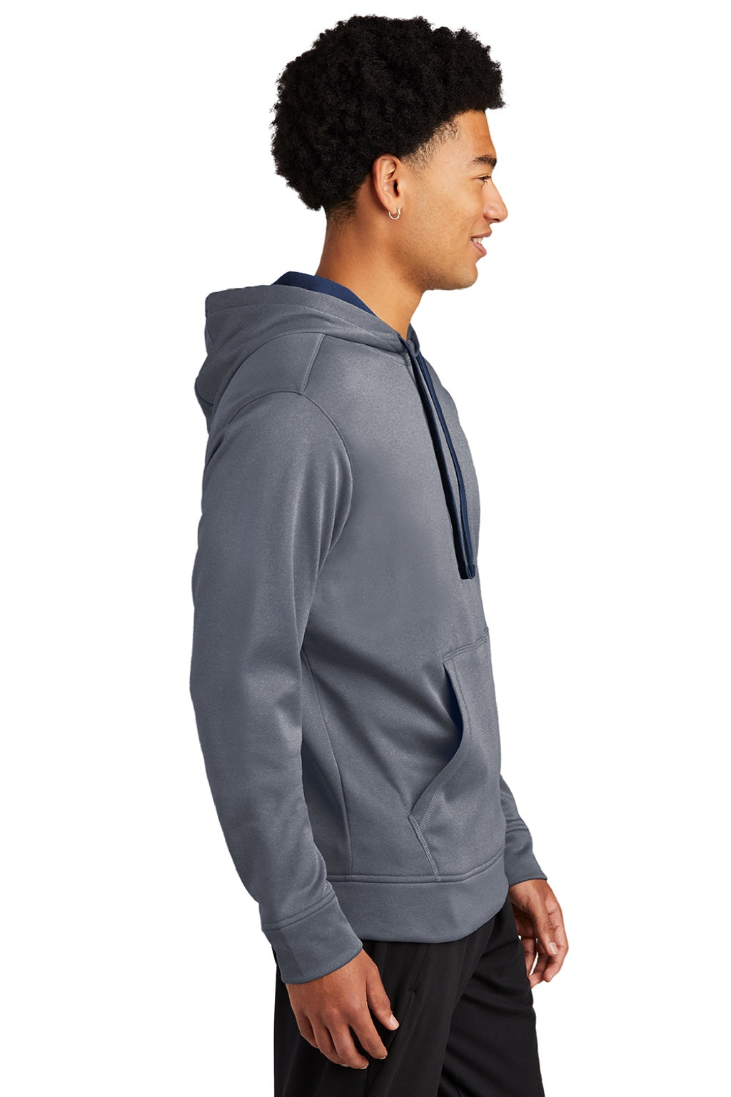 Sport-Tek ST264 Mens Heather Sport-Wick Moisture Wicking Fleece Hooded Sweatshirt Hoodie w/ Pouch Pocket Heather True Navy Blue Model Side