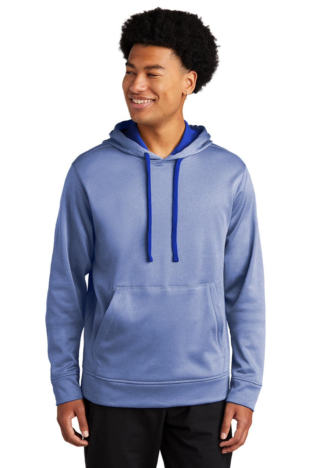 Sport-Tek ST264 Mens Heather Sport-Wick Moisture Wicking Fleece Hooded Sweatshirt Hoodie w/ Pouch Pocket Heather True Royal Blue Model Front