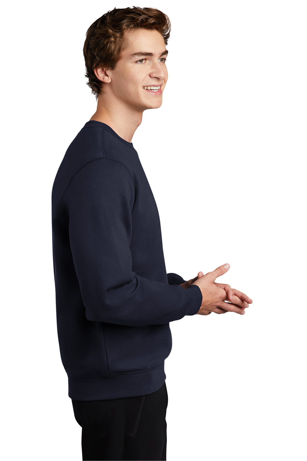 Sport-Tek ST266 Mens Shrink Resistant Fleece Crewneck Sweatshirt True Navy Blue Model Side