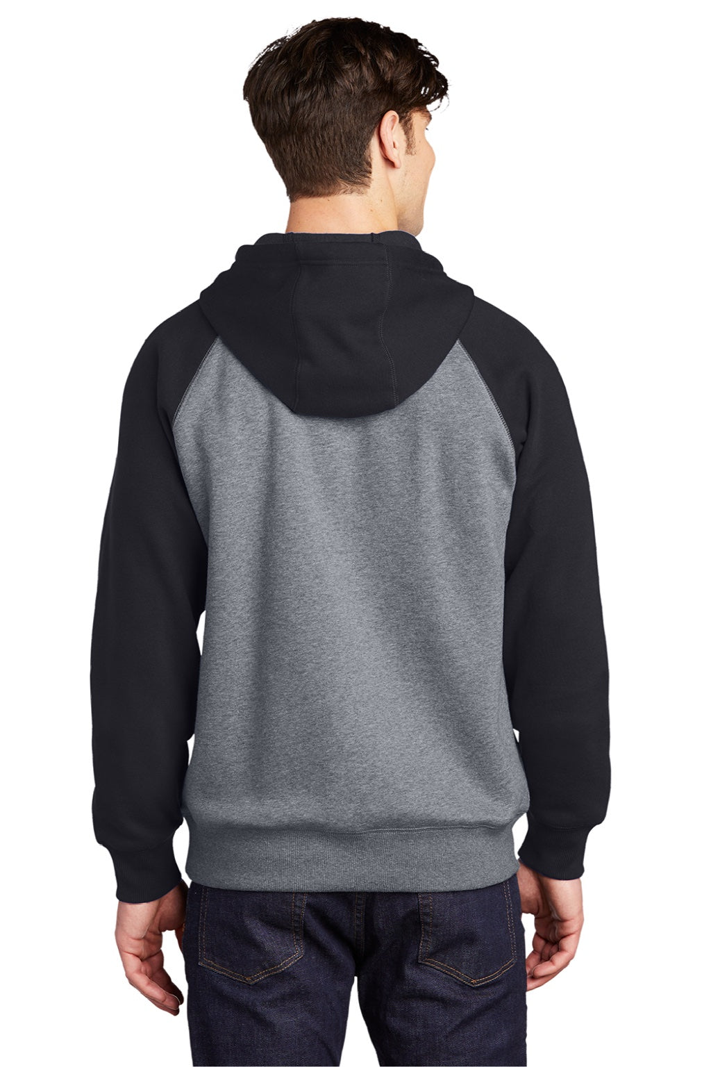 Sport-Tek ST267 Mens Shrink Resistant Fleece Hooded Sweatshirt Hoodie w/ Pouch Pocket Heather Vintage Grey/Black Model Back