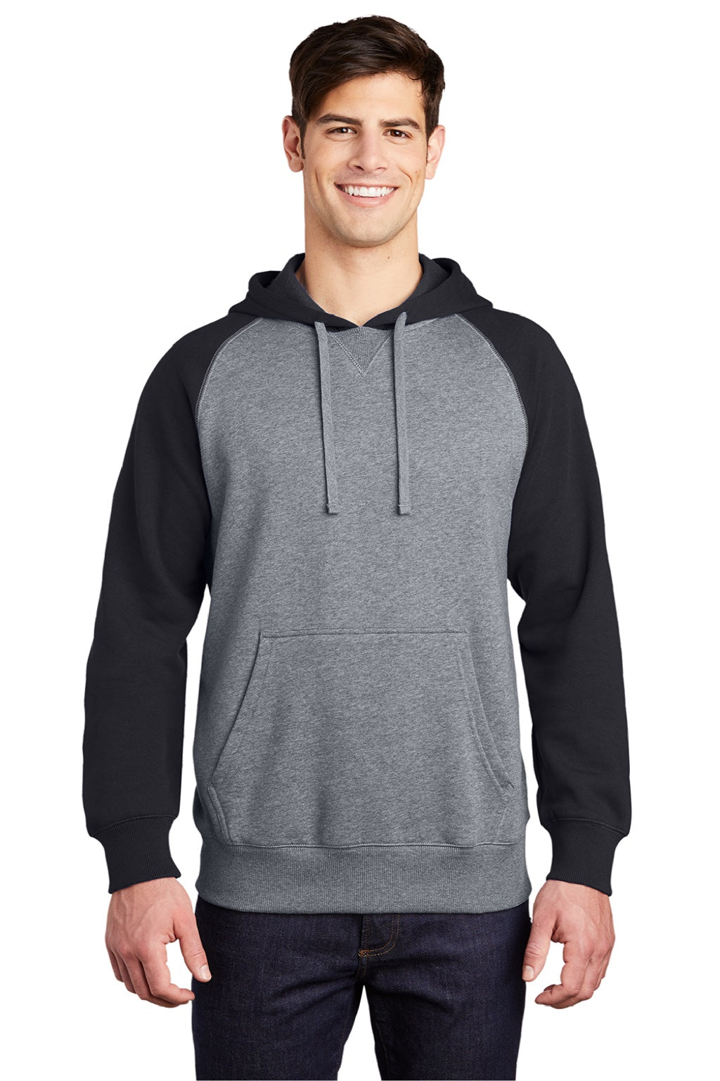 Sport-Tek ST267 Mens Shrink Resistant Fleece Hooded Sweatshirt Hoodie w/ Pouch Pocket Heather Vintage Grey/Black Model Front