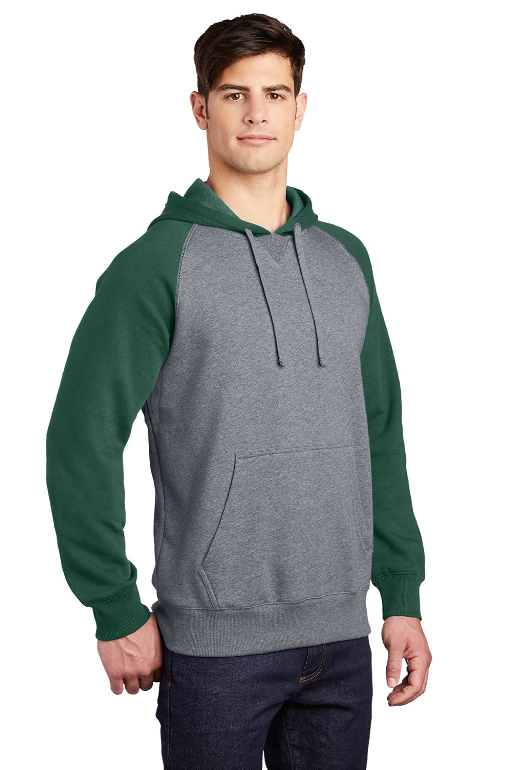 Sport-Tek ST267 Mens Shrink Resistant Fleece Hooded Sweatshirt Hoodie w/ Pouch Pocket Heather Vintage Grey/Forest Green Model 3q