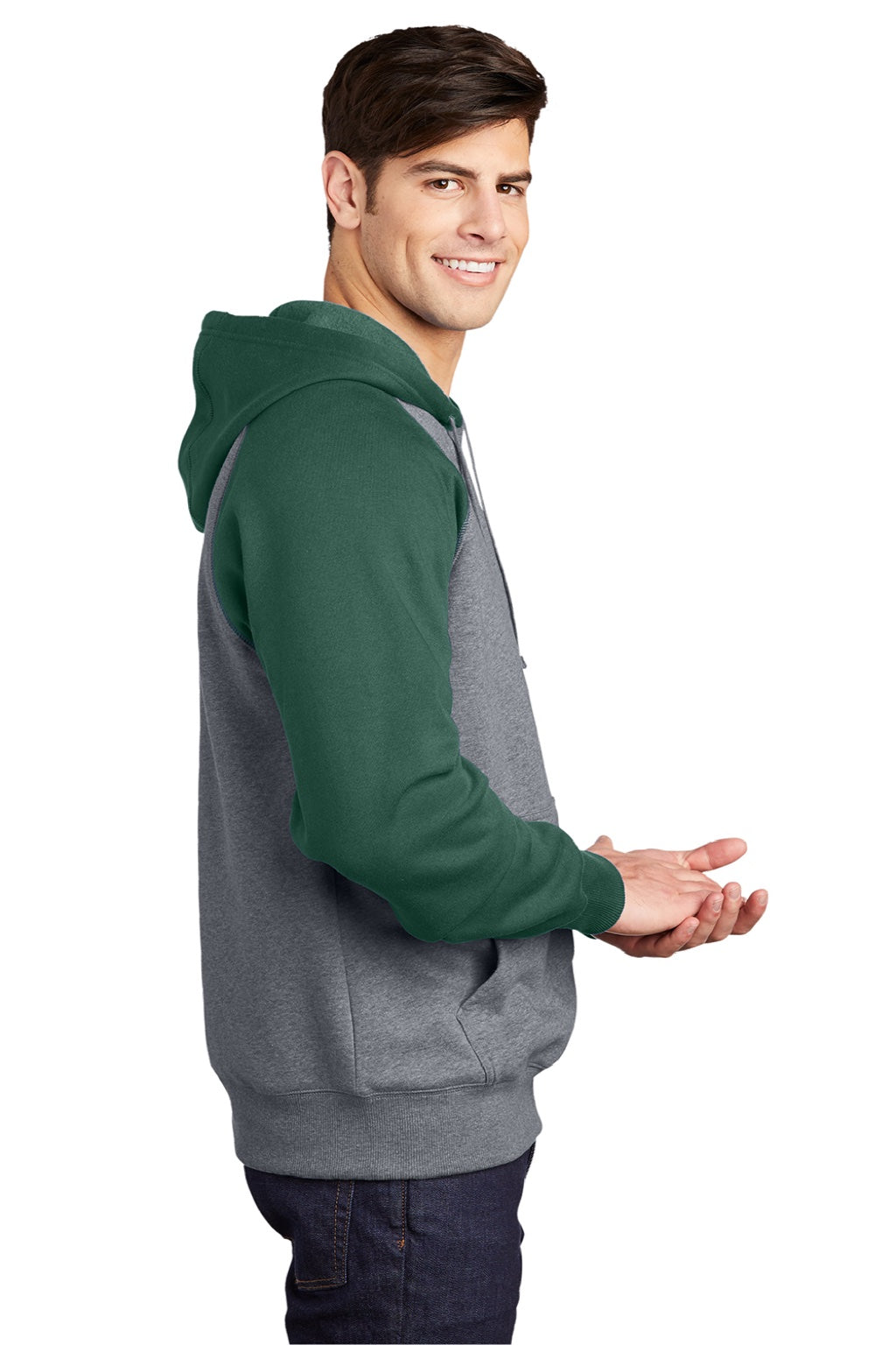 Sport-Tek ST267 Mens Shrink Resistant Fleece Hooded Sweatshirt Hoodie w/ Pouch Pocket Heather Vintage Grey/Forest Green Model Side
