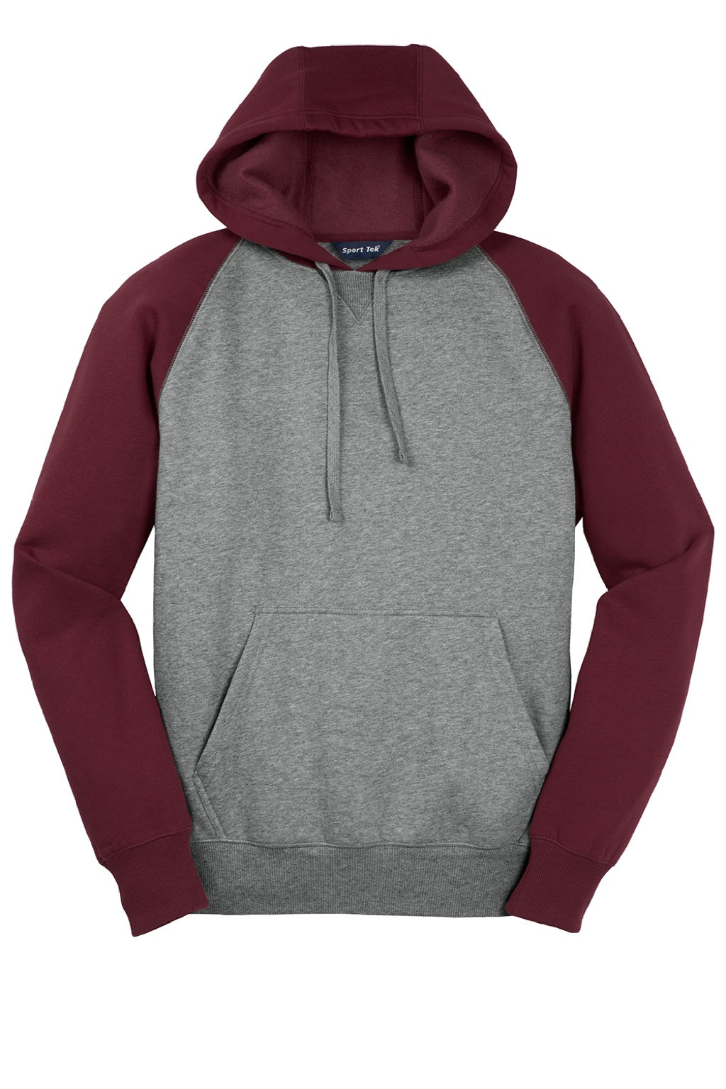 Sport-Tek ST267 Mens Shrink Resistant Fleece Hooded Sweatshirt Hoodie w/ Pouch Pocket Heather Vintage Grey/Maroon Flat Front