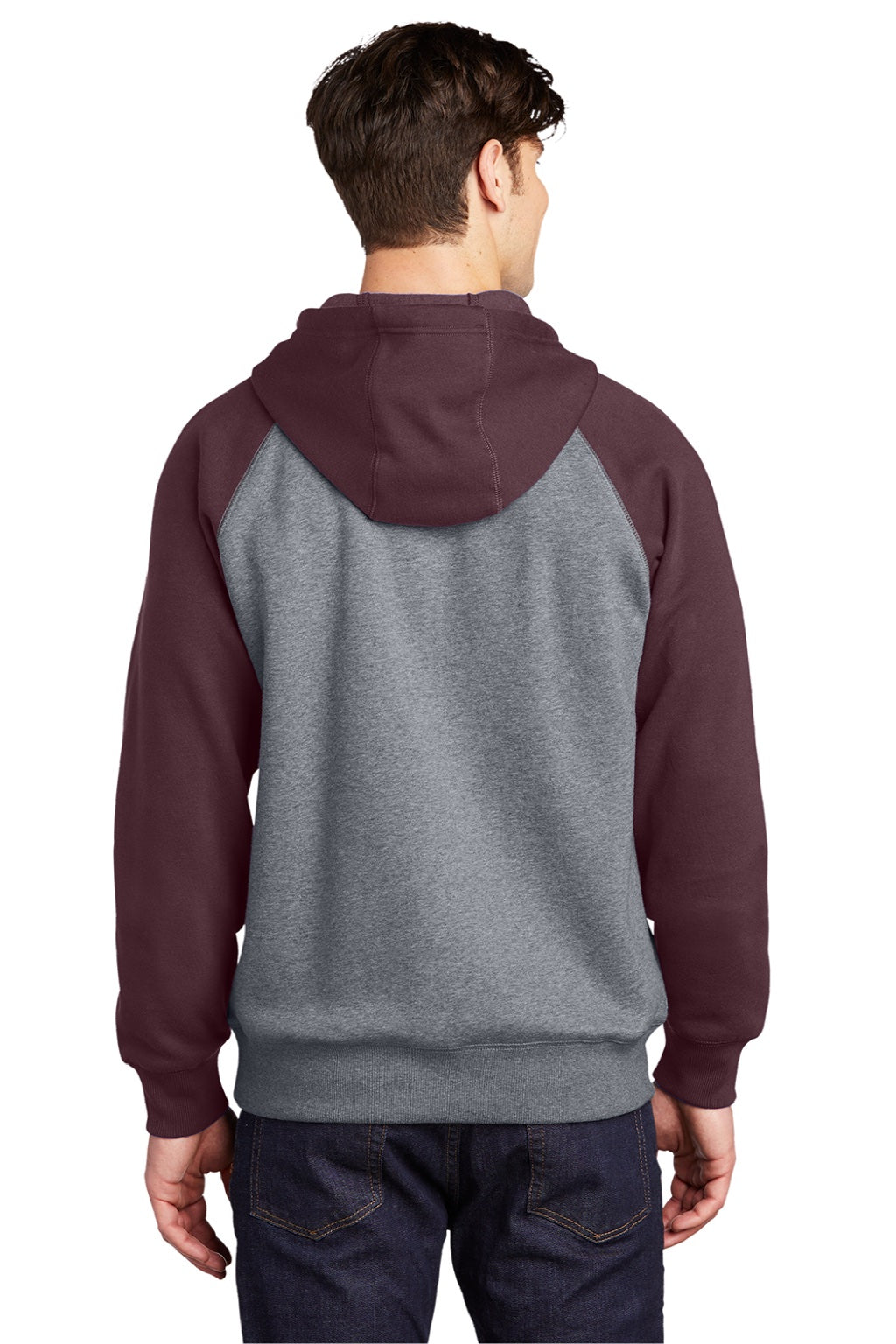 Sport-Tek ST267 Mens Shrink Resistant Fleece Hooded Sweatshirt Hoodie w/ Pouch Pocket Heather Vintage Grey/Maroon Model Back