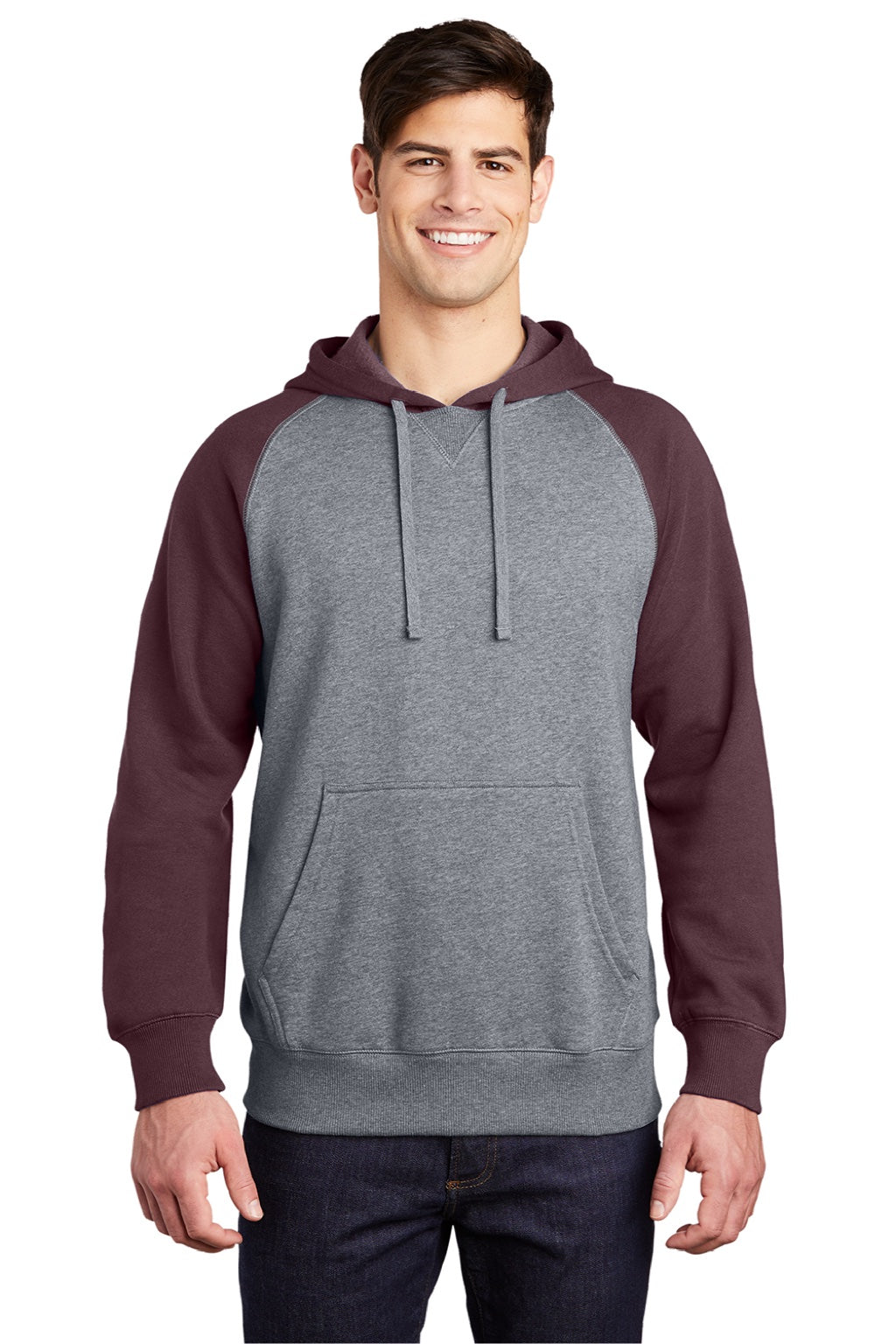 Sport-Tek ST267 Mens Shrink Resistant Fleece Hooded Sweatshirt Hoodie w/ Pouch Pocket Heather Vintage Grey/Maroon Model Front