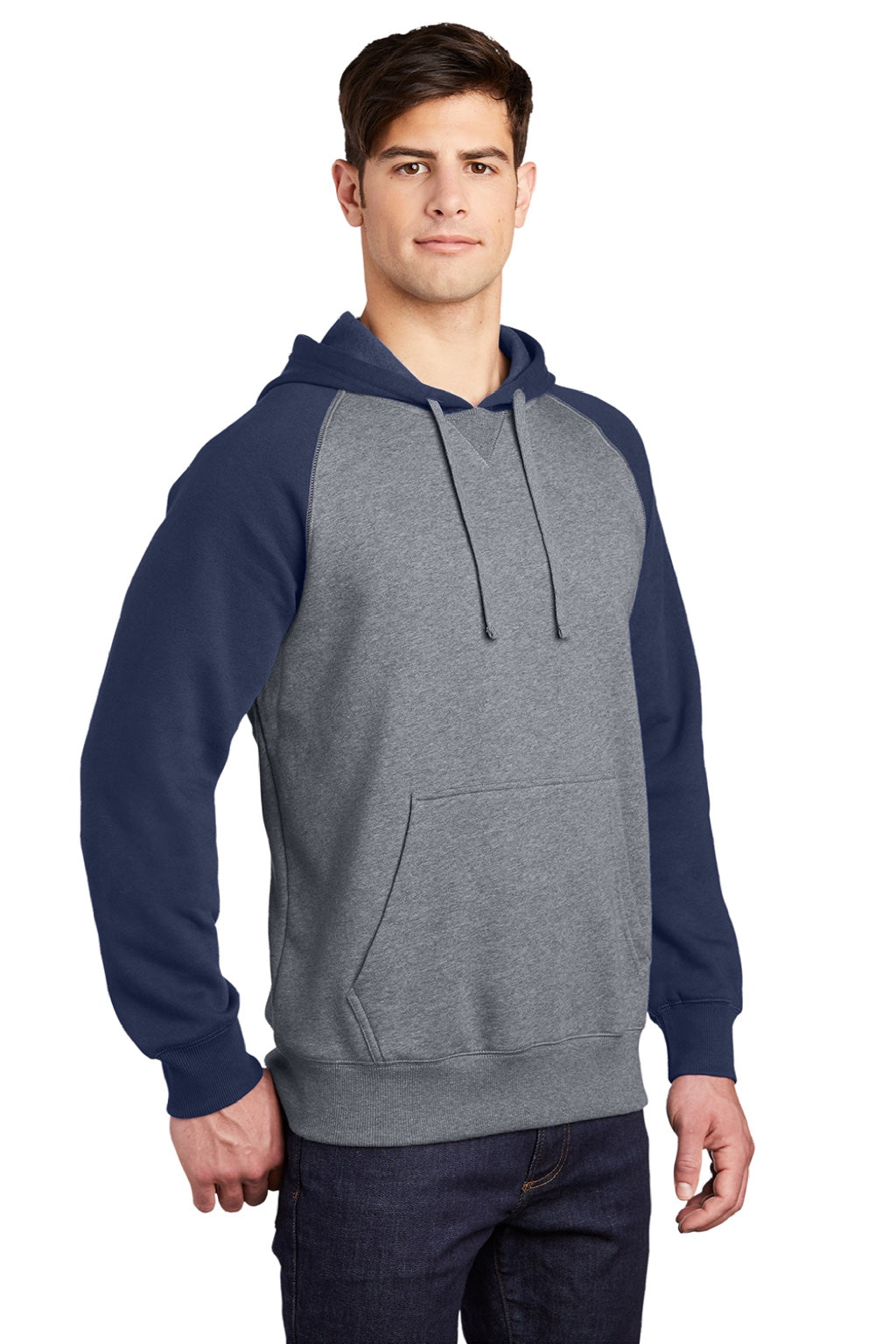 Sport-Tek ST267 Mens Shrink Resistant Fleece Hooded Sweatshirt Hoodie w/ Pouch Pocket Heather Vintage Grey/True Navy Blue Model 3q