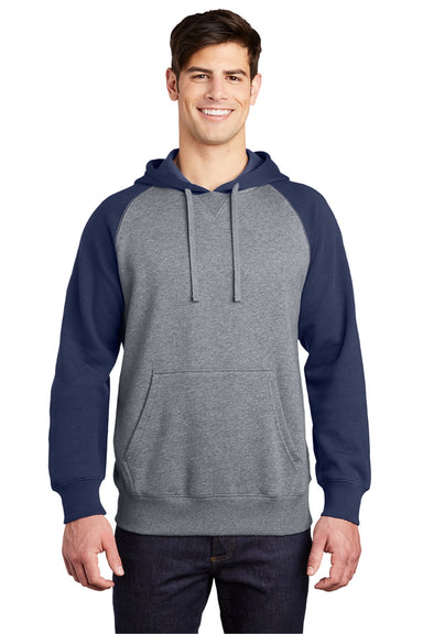 Sport-Tek ST267 Mens Shrink Resistant Fleece Hooded Sweatshirt Hoodie w/ Pouch Pocket Heather Vintage Grey/True Navy Blue Model Front