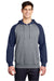 Sport-Tek ST267 Mens Shrink Resistant Fleece Hooded Sweatshirt Hoodie w/ Pouch Pocket Heather Vintage Grey/True Navy Blue Model Front
