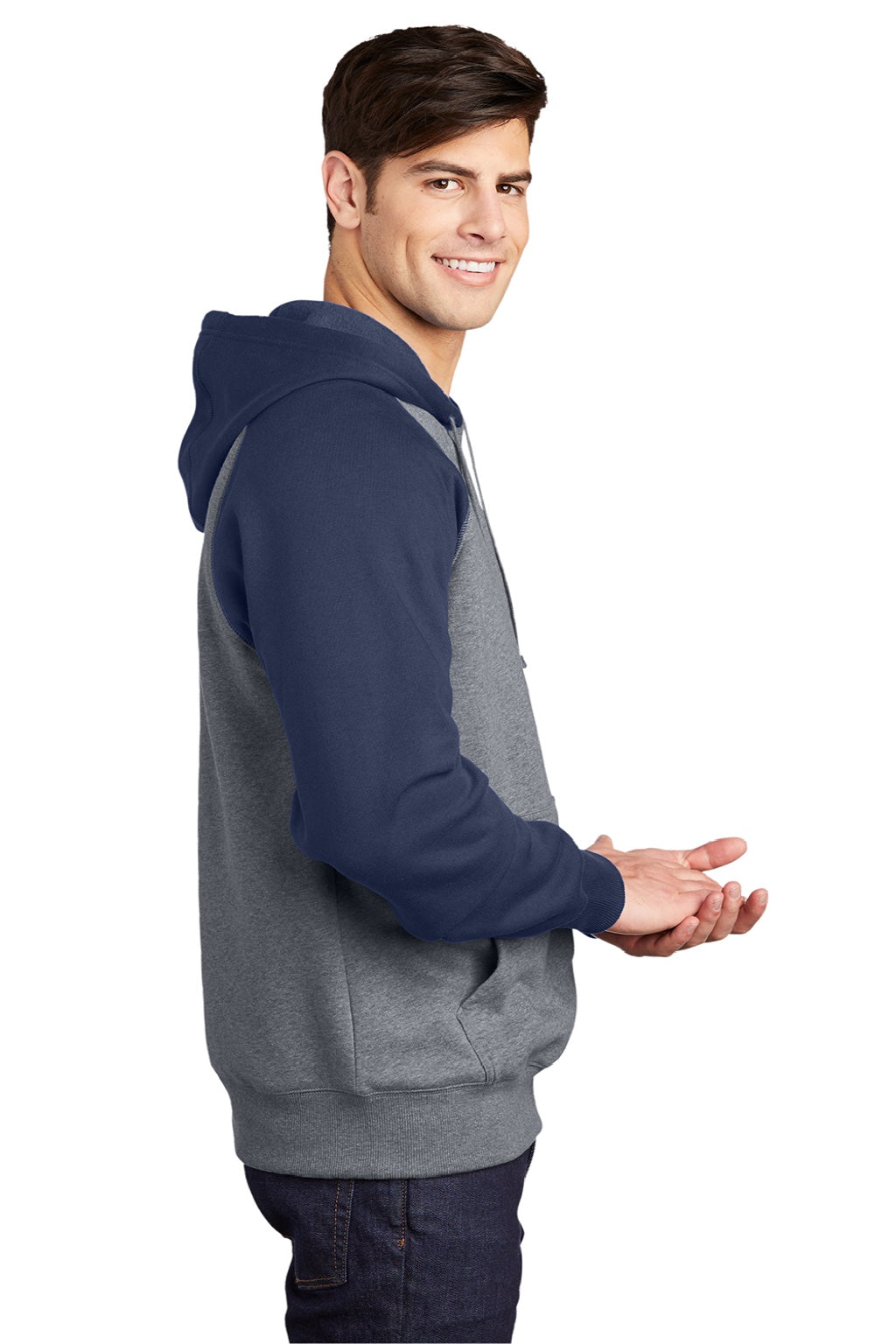 Sport-Tek ST267 Mens Shrink Resistant Fleece Hooded Sweatshirt Hoodie w/ Pouch Pocket Heather Vintage Grey/True Navy Blue Model Side