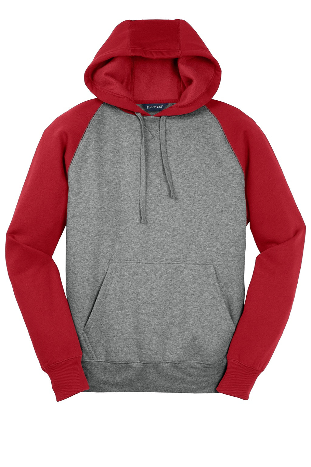 Sport-Tek ST267 Mens Shrink Resistant Fleece Hooded Sweatshirt Hoodie w/ Pouch Pocket Heather Vintage Grey/True Red Flat Front