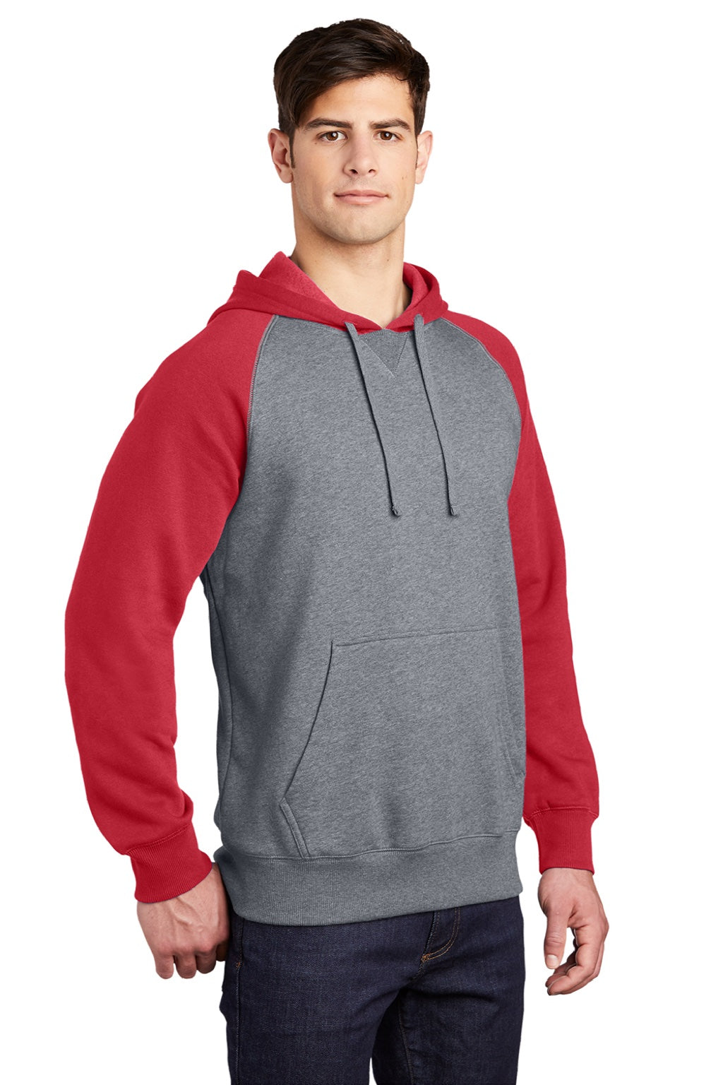 Sport-Tek ST267 Mens Shrink Resistant Fleece Hooded Sweatshirt Hoodie w/ Pouch Pocket Heather Vintage Grey/True Red Model 3q