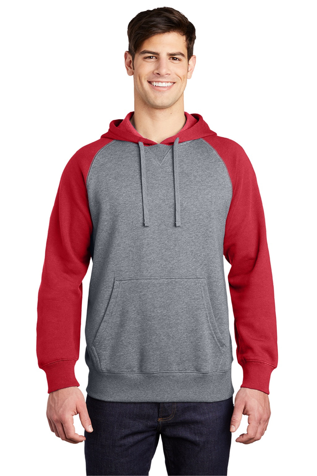 Sport-Tek ST267 Mens Shrink Resistant Fleece Hooded Sweatshirt Hoodie w/ Pouch Pocket Heather Vintage Grey/True Red Model Front