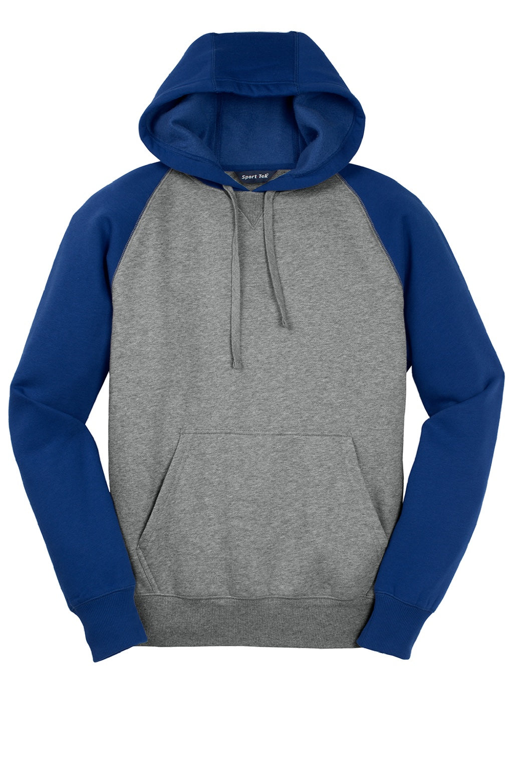 Sport-Tek ST267 Mens Shrink Resistant Fleece Hooded Sweatshirt Hoodie w/ Pouch Pocket Heather Vintage Grey/True Royal Blue Flat Front