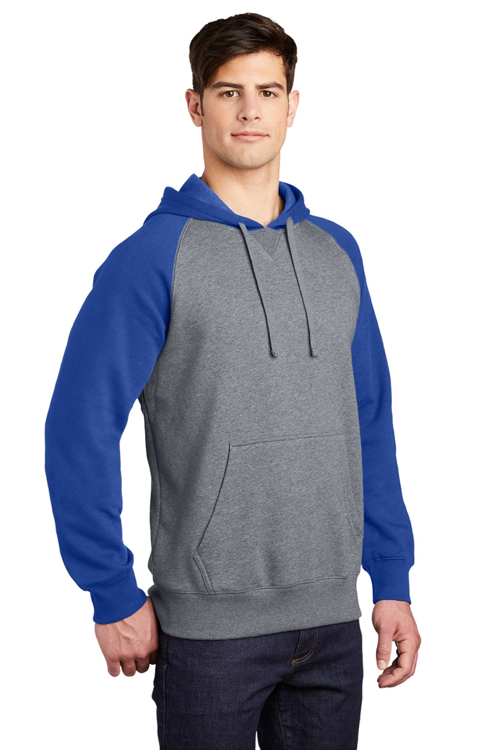 Sport-Tek ST267 Mens Shrink Resistant Fleece Hooded Sweatshirt Hoodie w/ Pouch Pocket Heather Vintage Grey/True Royal Blue Model 3q