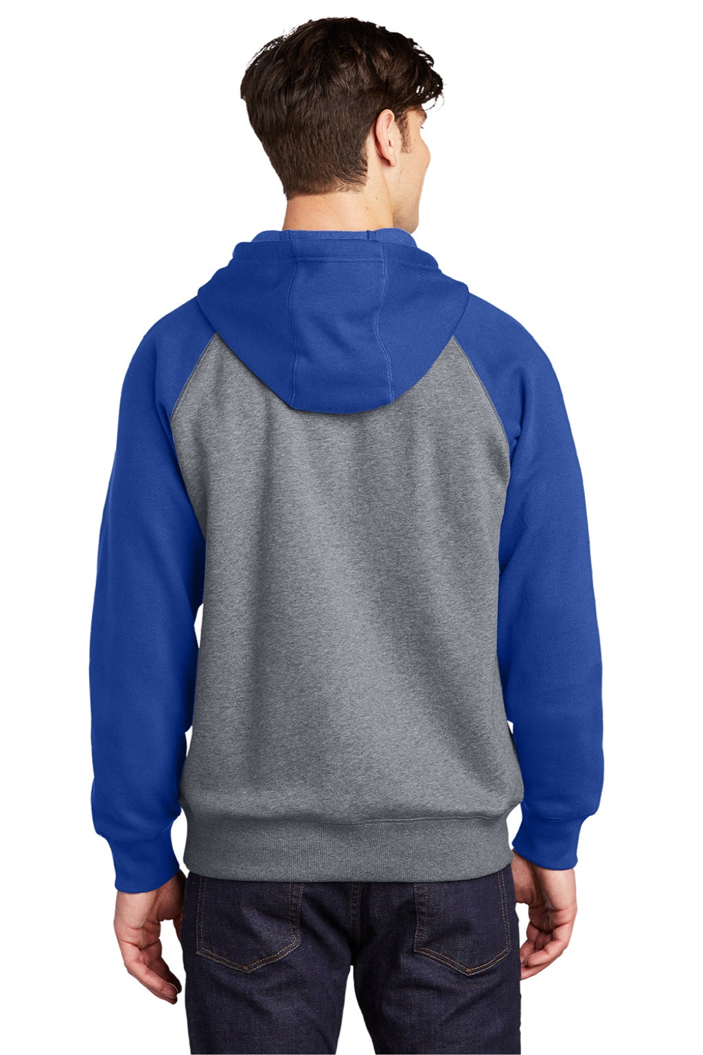 Sport-Tek ST267 Mens Shrink Resistant Fleece Hooded Sweatshirt Hoodie w/ Pouch Pocket Heather Vintage Grey/True Royal Blue Model Back