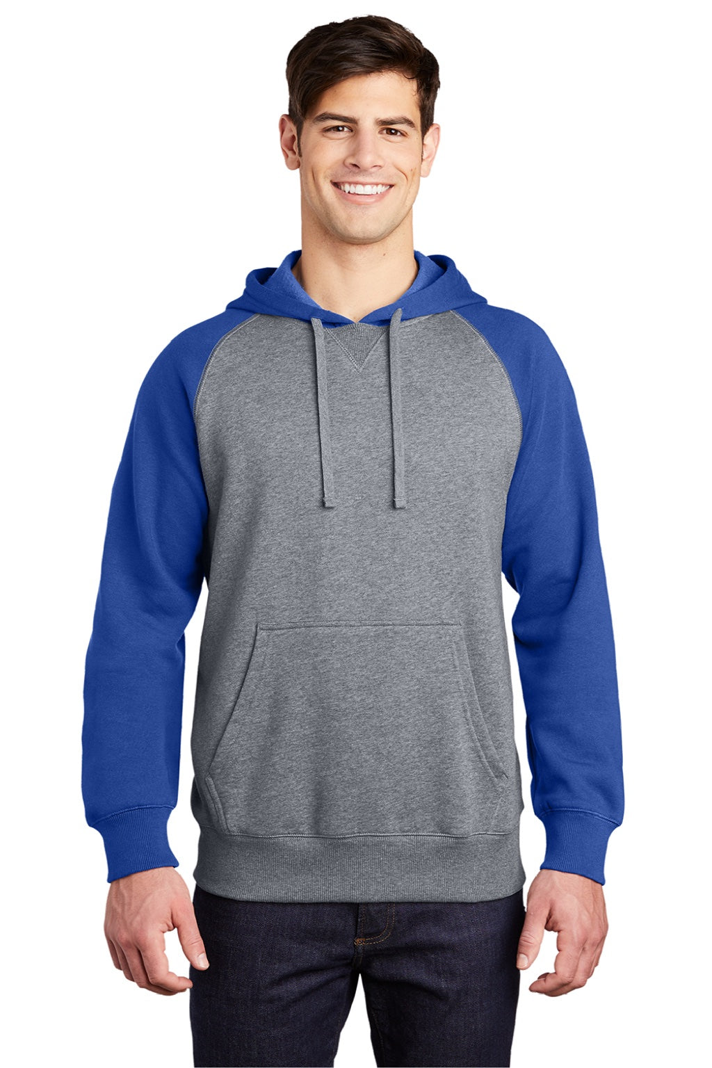 Sport-Tek ST267 Mens Shrink Resistant Fleece Hooded Sweatshirt Hoodie w/ Pouch Pocket Heather Vintage Grey/True Royal Blue Model Front