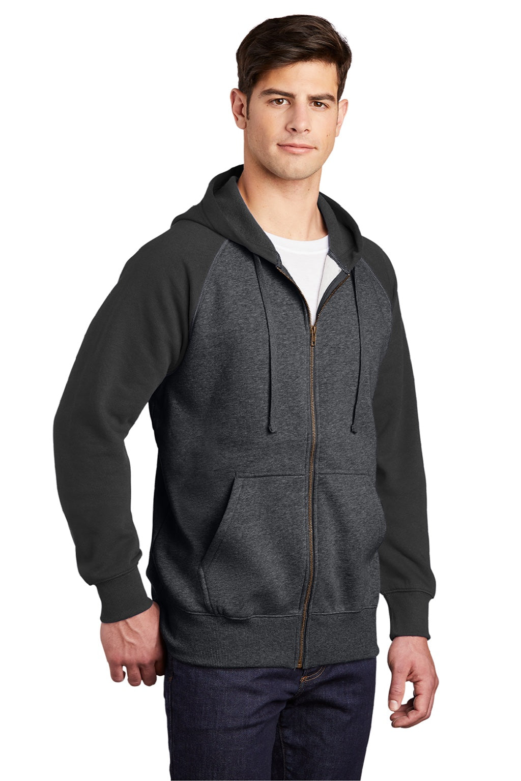 Sport-Tek ST269 Mens Shrink Resistant Fleece Full Zip Hooded Sweatshirt Hoodie w/ Pockets Heather Graphite Grey/Black Model 3q
