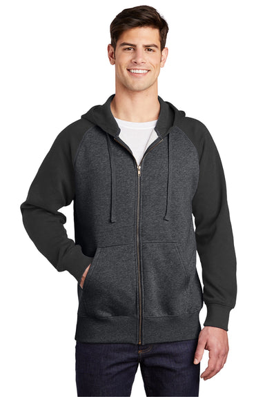 Sport-Tek ST269 Mens Shrink Resistant Fleece Full Zip Hooded Sweatshirt Hoodie w/ Pockets Heather Graphite Grey/Black Model Front