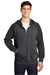 Sport-Tek ST269 Mens Shrink Resistant Fleece Full Zip Hooded Sweatshirt Hoodie w/ Pockets Heather Graphite Grey/Black Model Front