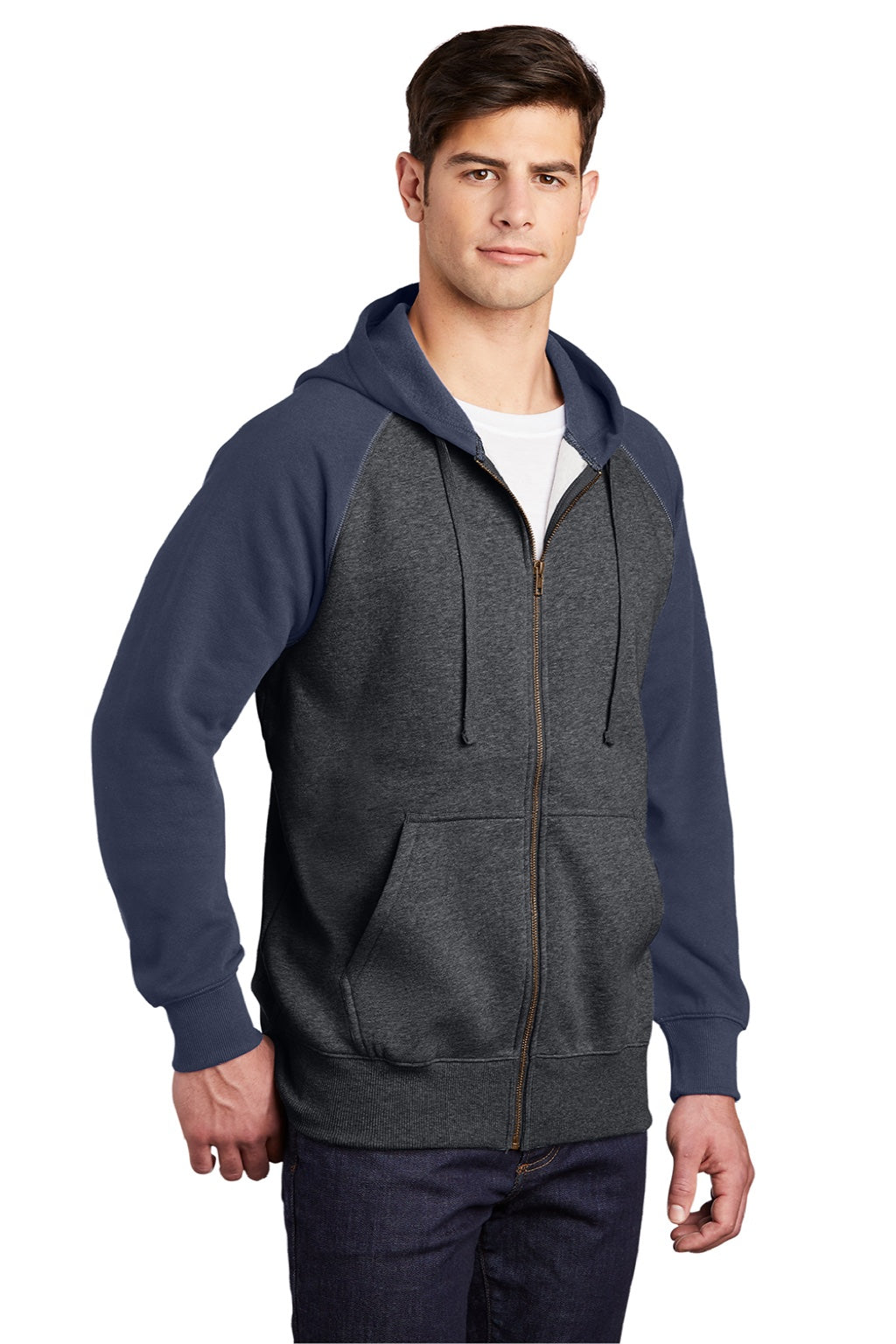 Sport-Tek ST269 Mens Shrink Resistant Fleece Full Zip Hooded Sweatshirt Hoodie w/ Pockets Heather Graphite Grey/True Navy Blue Model 3q