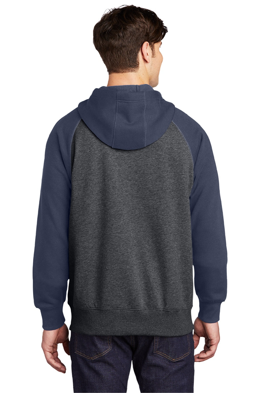 Sport-Tek ST269 Mens Shrink Resistant Fleece Full Zip Hooded Sweatshirt Hoodie w/ Pockets Heather Graphite Grey/True Navy Blue Model Back