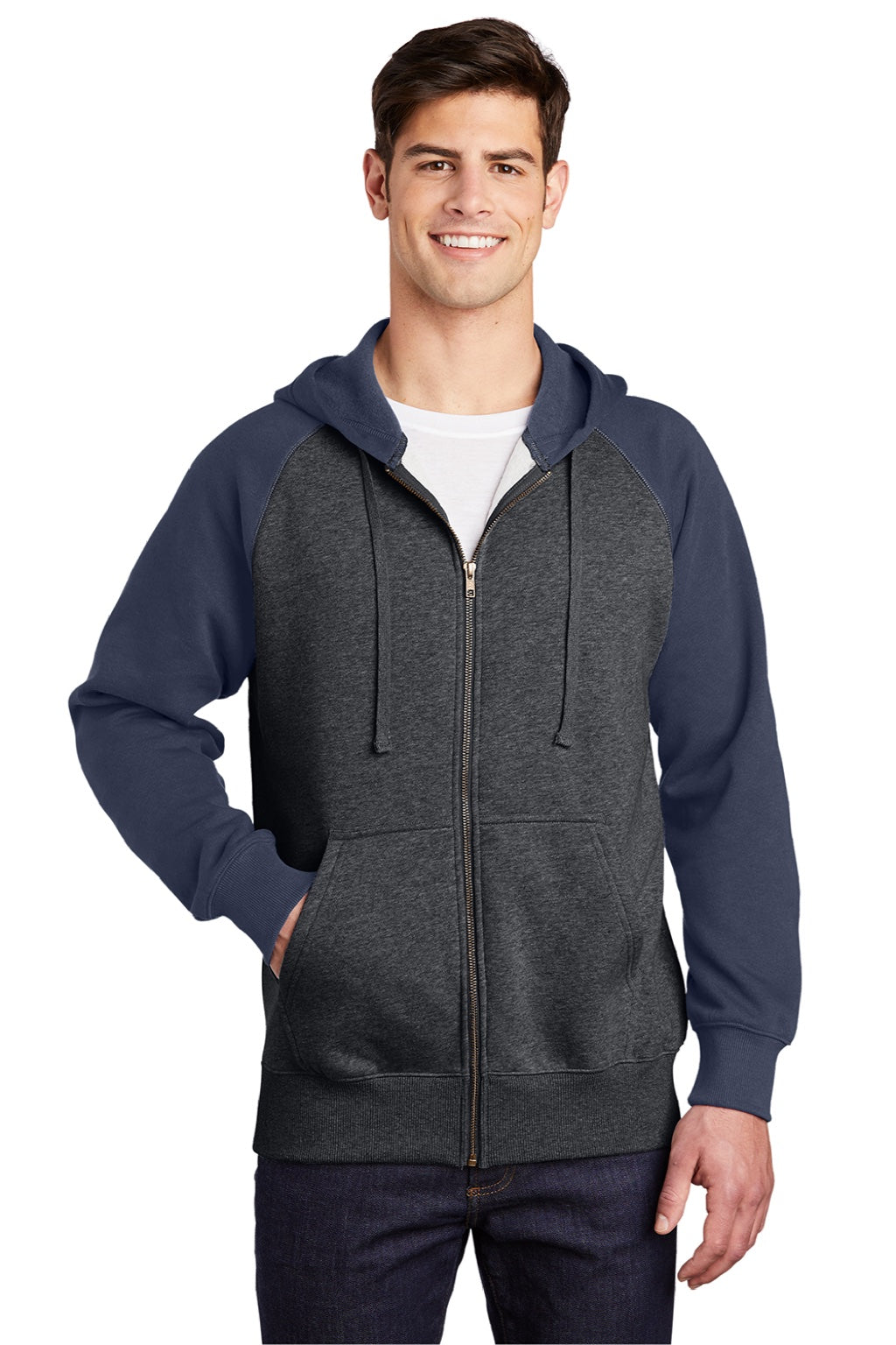 Sport-Tek ST269 Mens Shrink Resistant Fleece Full Zip Hooded Sweatshirt Hoodie w/ Pockets Heather Graphite Grey/True Navy Blue Model Front
